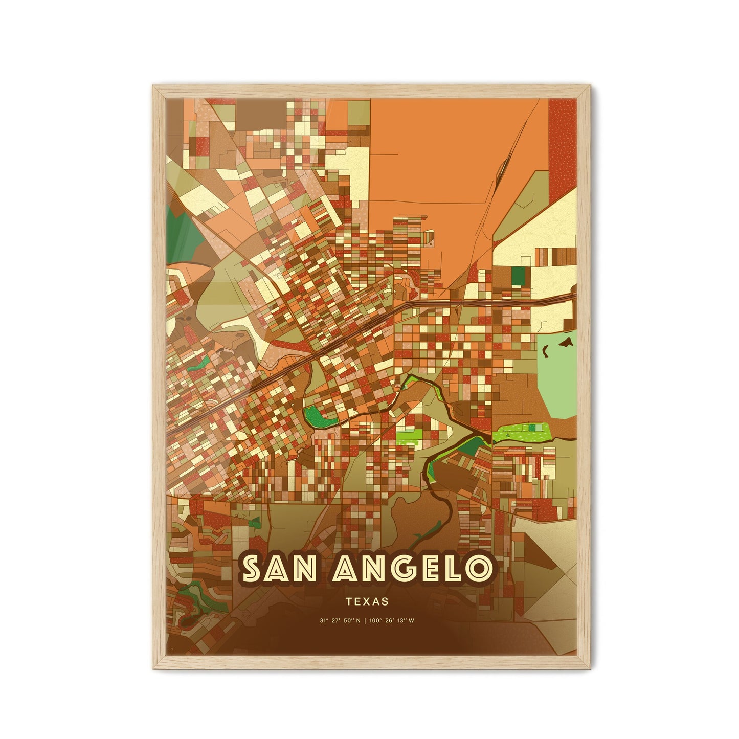 Colorful San Angelo Texas Fine Art Map Farmhouse