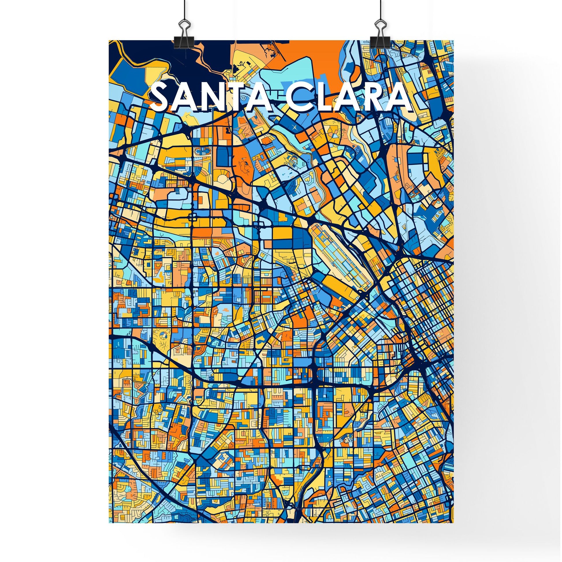 SANTA CLARA CALIFORNIA Vibrant Colorful Art Map Poster Blue Orange