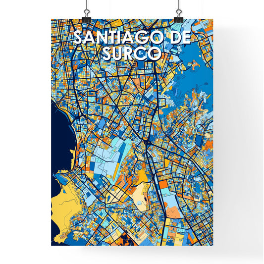 SANTIAGO DE SURCO PERU Vibrant Colorful Art Map Poster Blue Orange