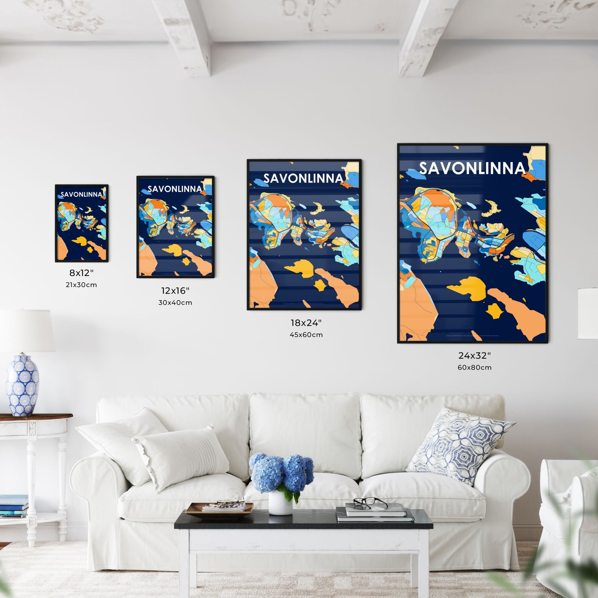 SAVONLINNA FINLAND Vibrant Colorful Art Map Poster Blue Orange