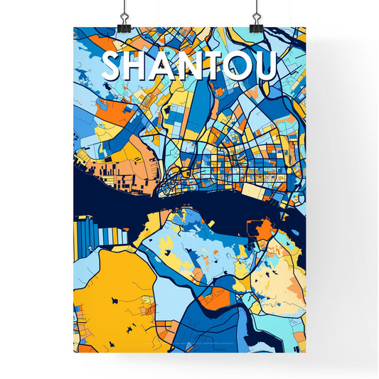 SHANTOU CHINA Vibrant Colorful Art Map Poster Blue Orange