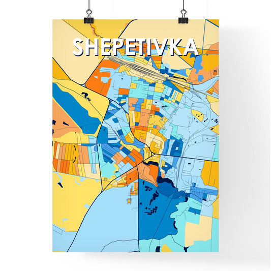 SHEPETIVKA UKRAINE Vibrant Colorful Art Map Poster Blue Orange