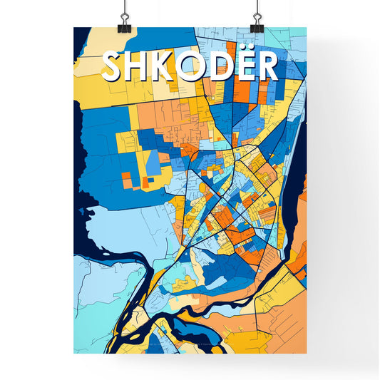 SHKODËR ALBANIA Vibrant Colorful Art Map Poster Blue Orange