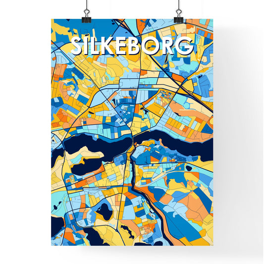 SILKEBORG DENMARK Vibrant Colorful Art Map Poster Blue Orange