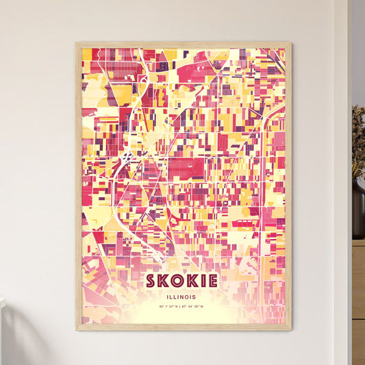 Colorful Skokie Illinois Fine Art Map Hot Red
