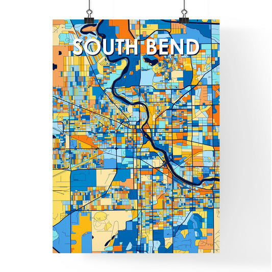 SOUTH BEND INDIANA Vibrant Colorful Art Map Poster Blue Orange