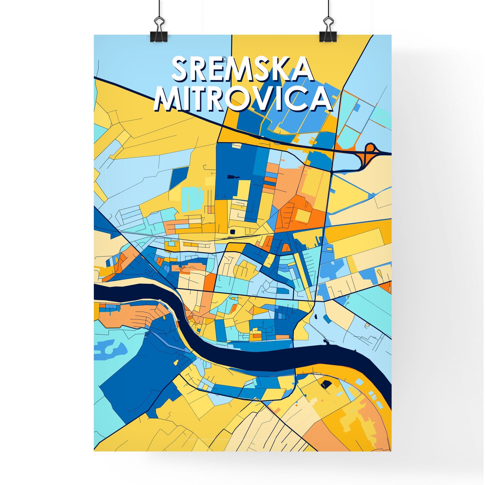 SREMSKA MITROVICA SERBIA Vibrant Colorful Art Map Poster Blue Orange