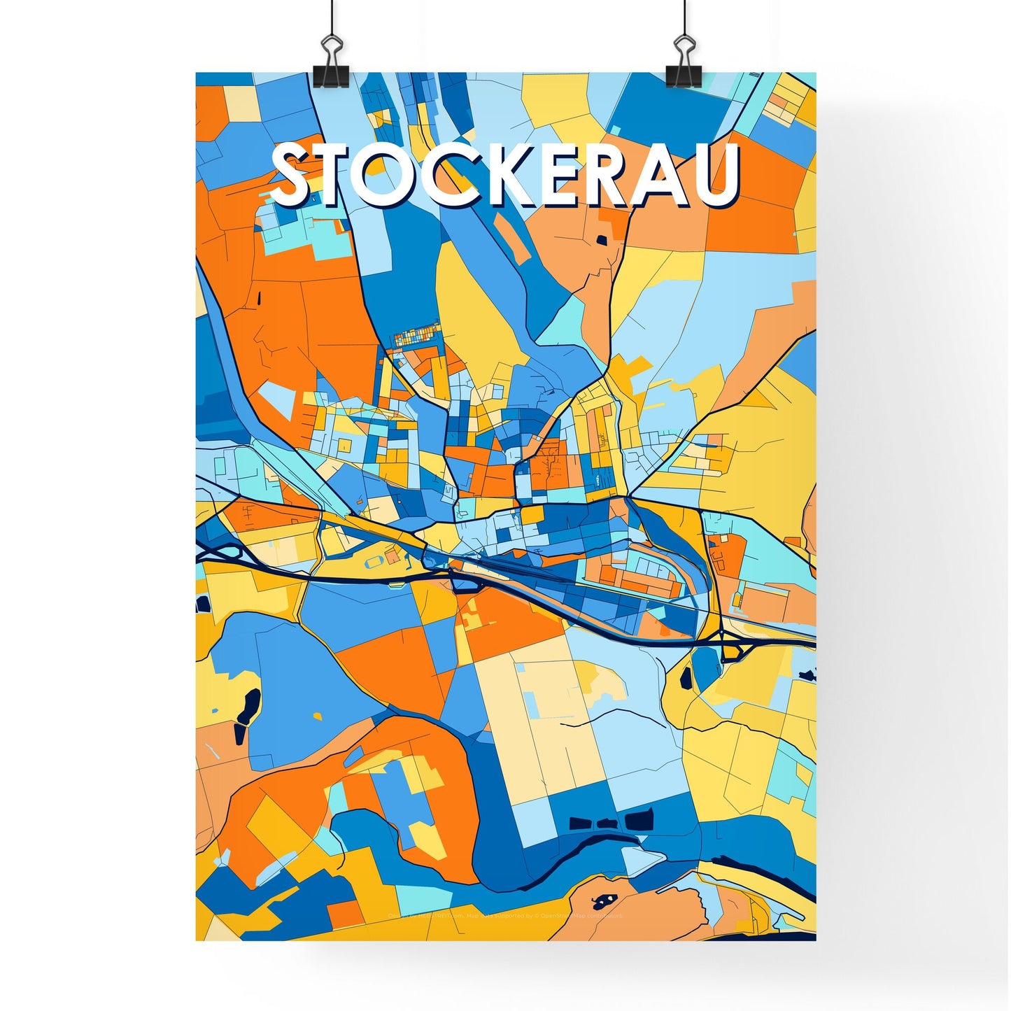 STOCKERAU AUSTRIA Vibrant Colorful Art Map Poster Blue Orange