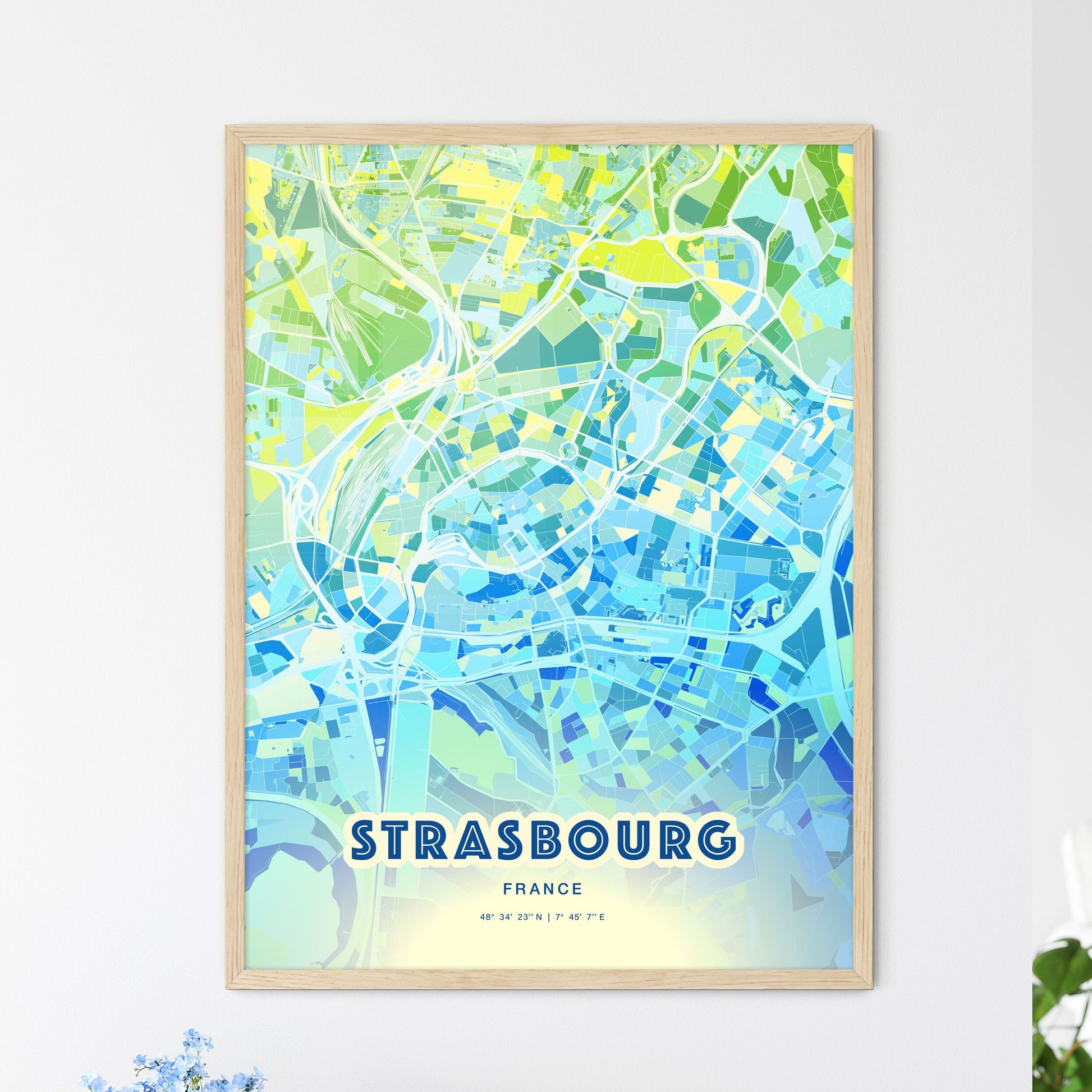 Colorful Strasbourg France Fine Art Map Cool Blue
