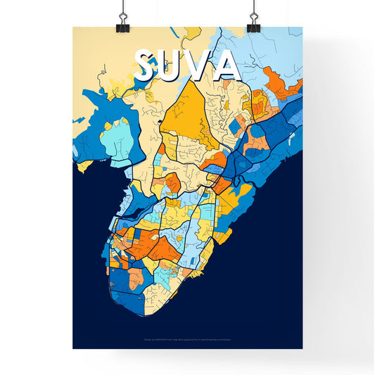 SUVA FIJI Vibrant Colorful Art Map Poster Blue Orange