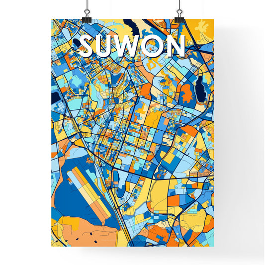 SUWON SOUTH KOREA Vibrant Colorful Art Map Poster Blue Orange