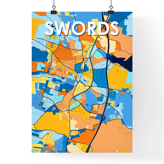 SWORDS IRELAND Vibrant Colorful Art Map Poster Blue Orange