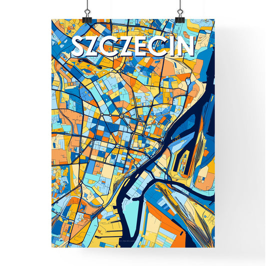 SZCZECIN POLAND Vibrant Colorful Art Map Poster Blue Orange