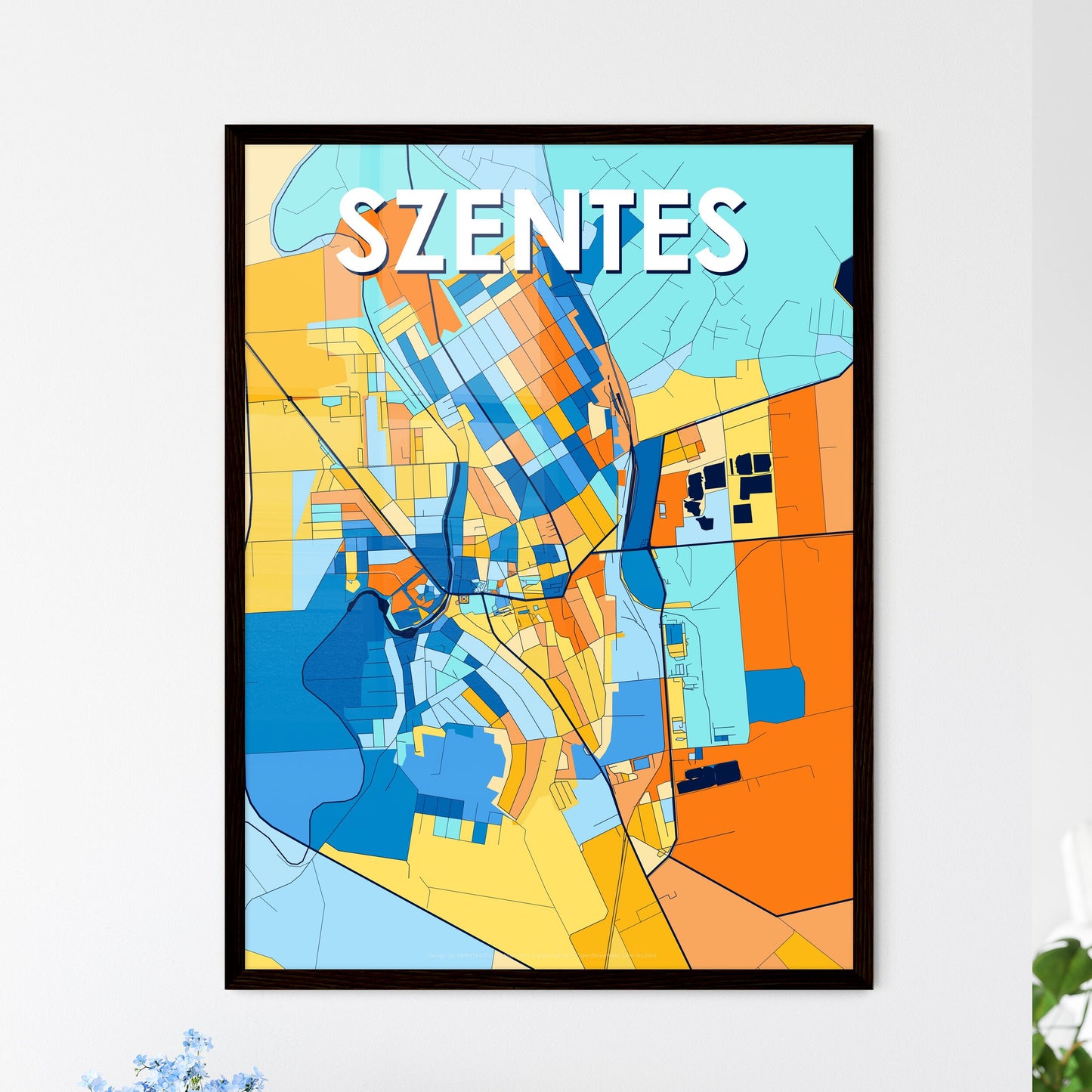 SZENTES HUNGARY Vibrant Colorful Art Map Poster Blue Orange