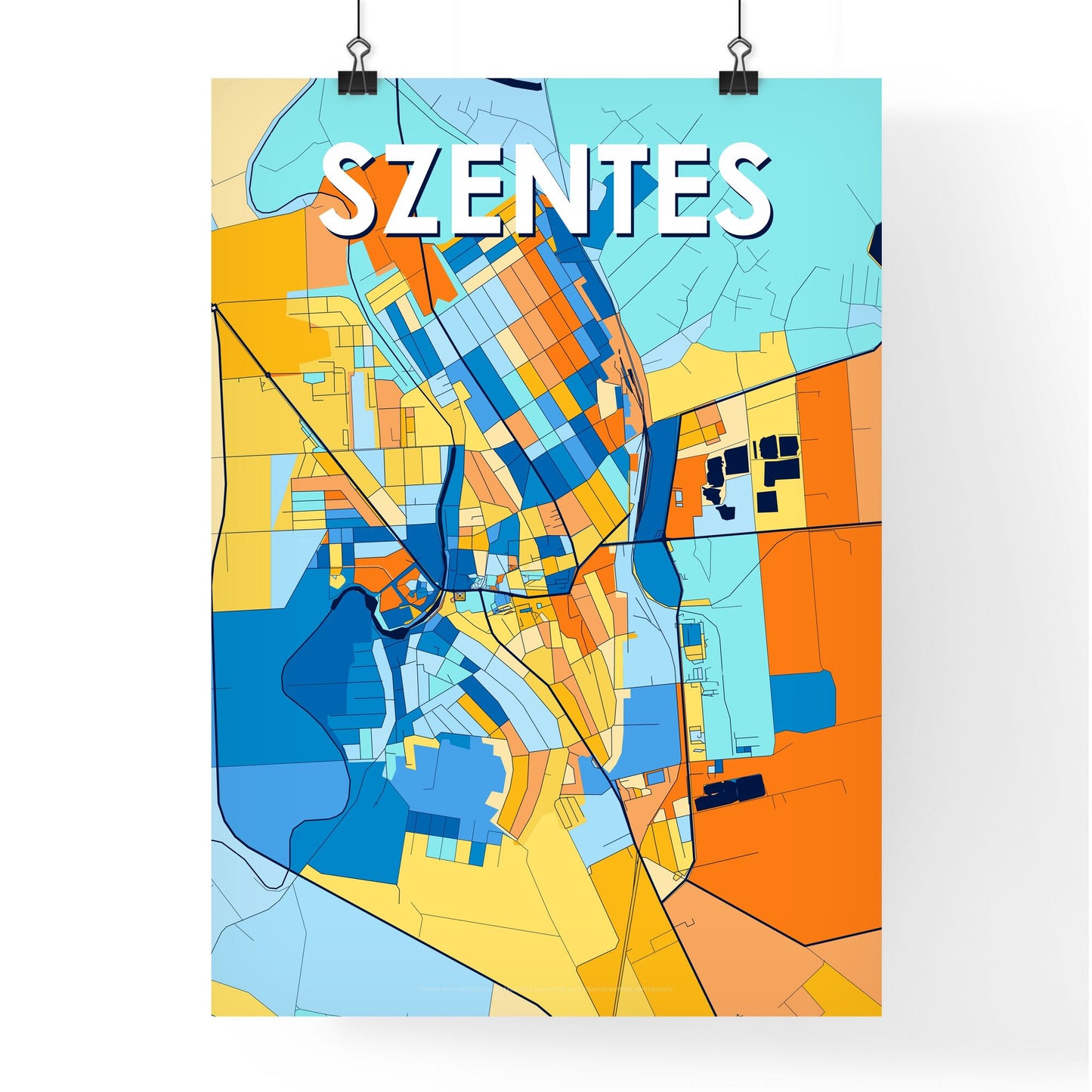 SZENTES HUNGARY Vibrant Colorful Art Map Poster Blue Orange