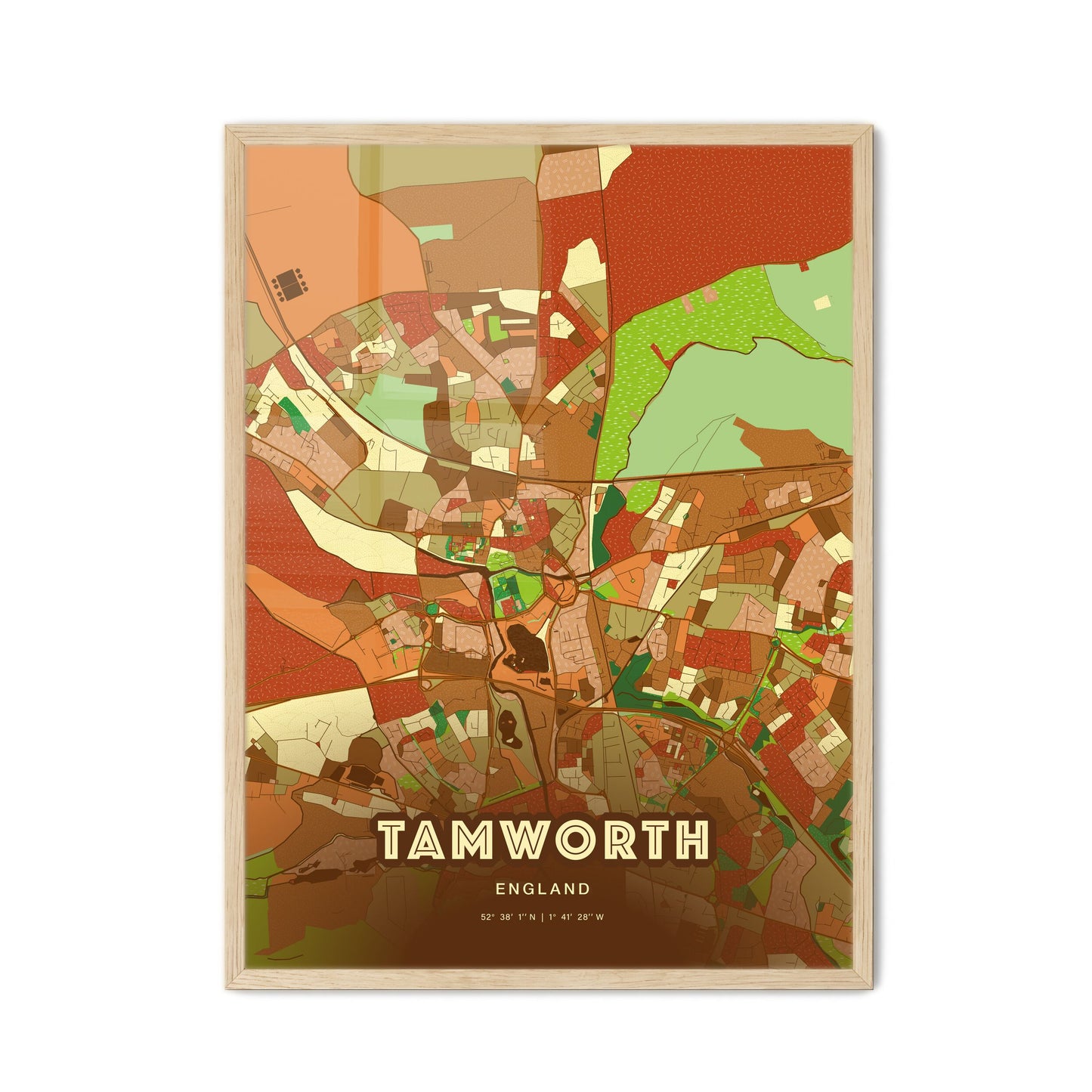 Colorful Tamworth England Fine Art Map Farmhouse