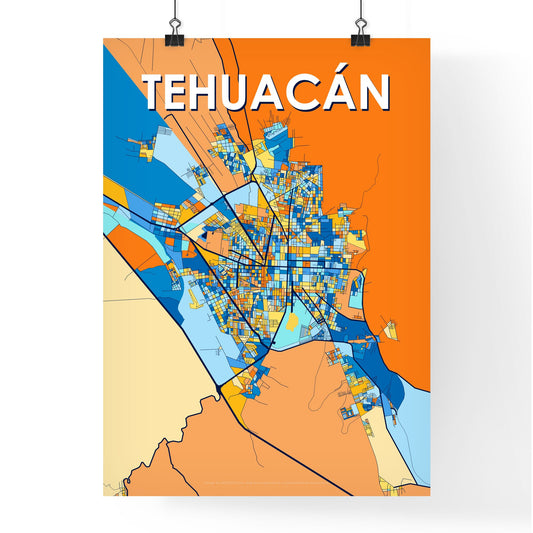TEHUACÁN MEXICO Vibrant Colorful Art Map Poster Blue Orange