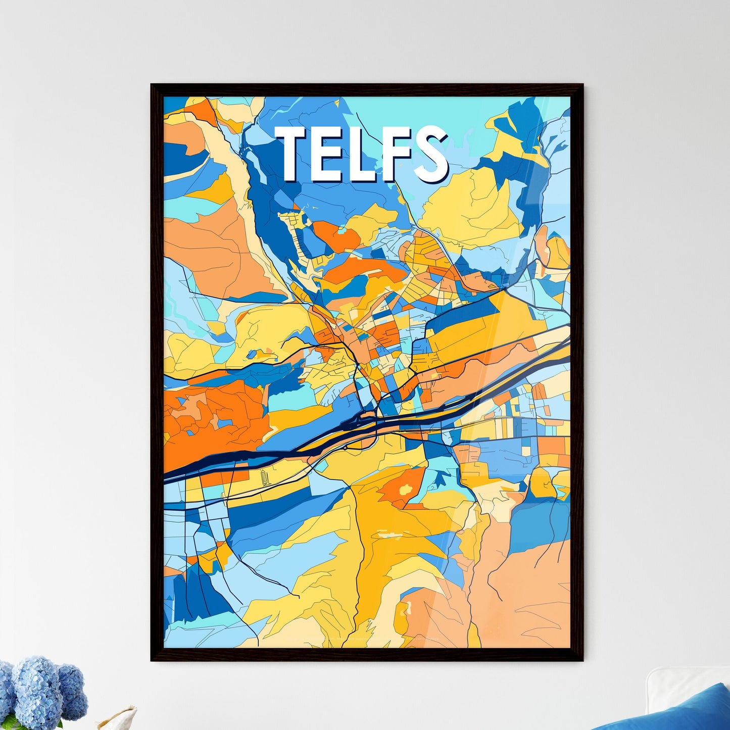 TELFS AUSTRIA Vibrant Colorful Art Map Poster Blue Orange