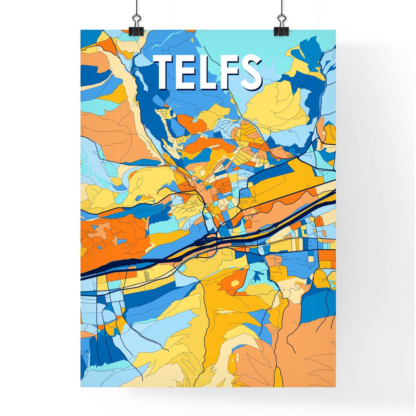 TELFS AUSTRIA Vibrant Colorful Art Map Poster Blue Orange