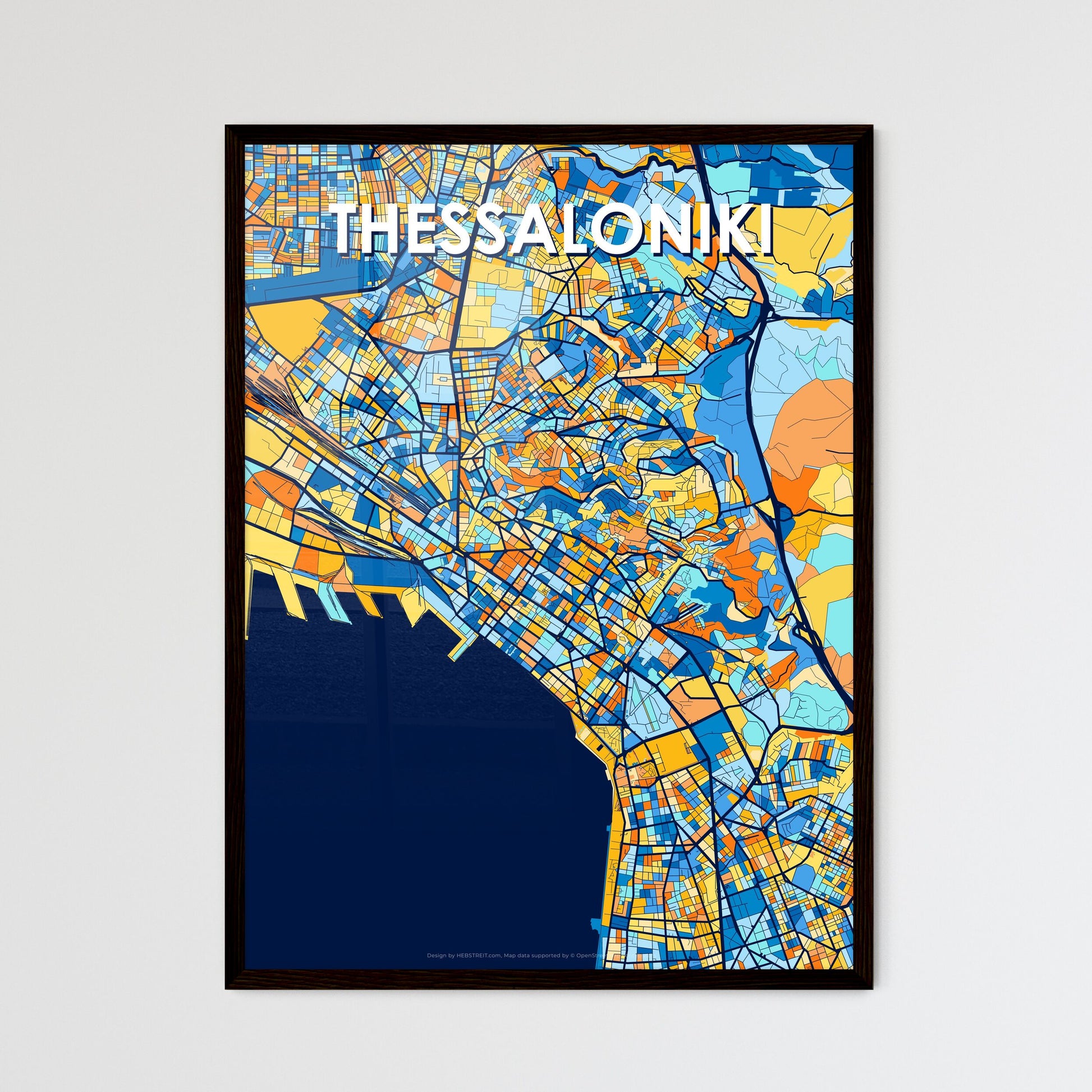 THESSALONIKI GREECE Vibrant Colorful Art Map Poster Blue Orange