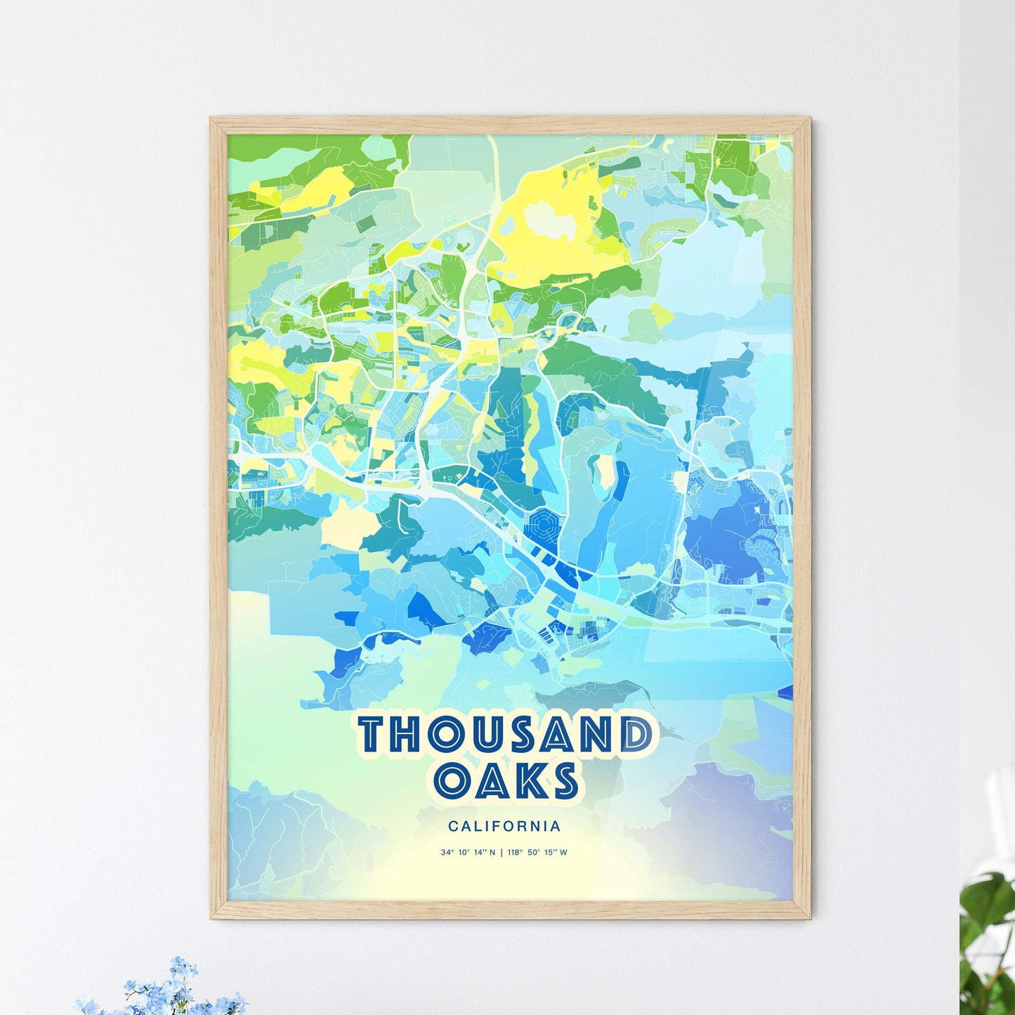 Colorful Thousand Oaks California Fine Art Map Cool Blue