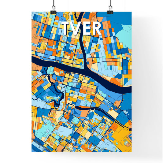 TVER RUSSIA Vibrant Colorful Art Map Poster Blue Orange