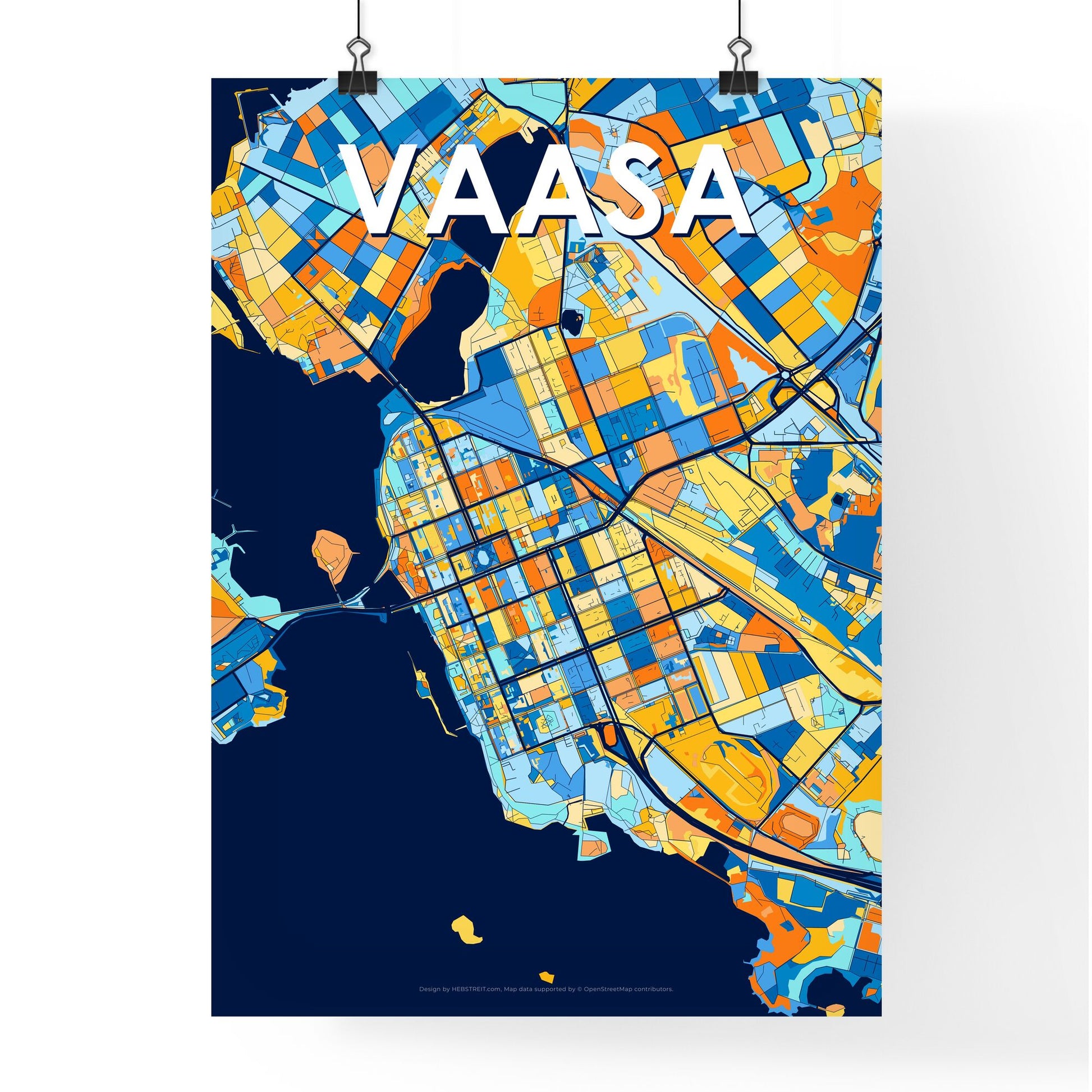 VAASA FINLAND Vibrant Colorful Art Map Poster Blue Orange