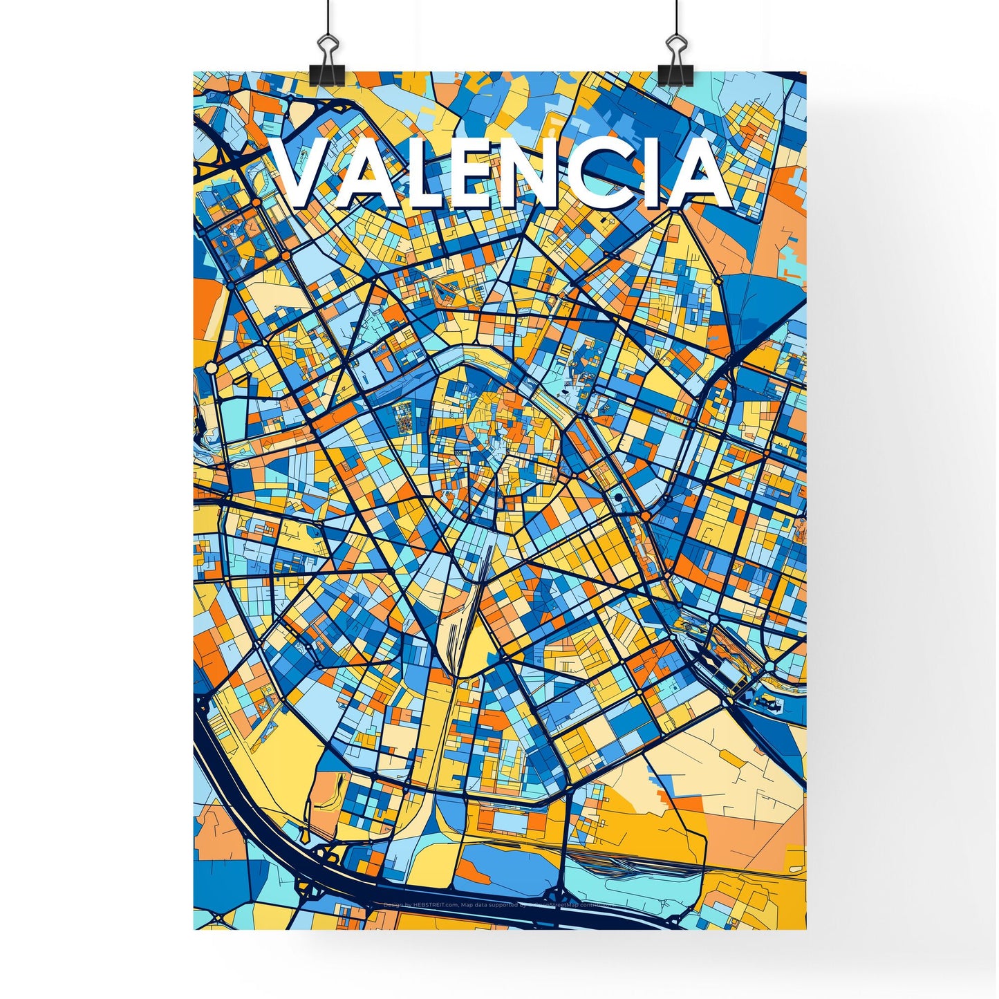 VALENCIA SPAIN Vibrant Colorful Art Map Poster Blue Orange