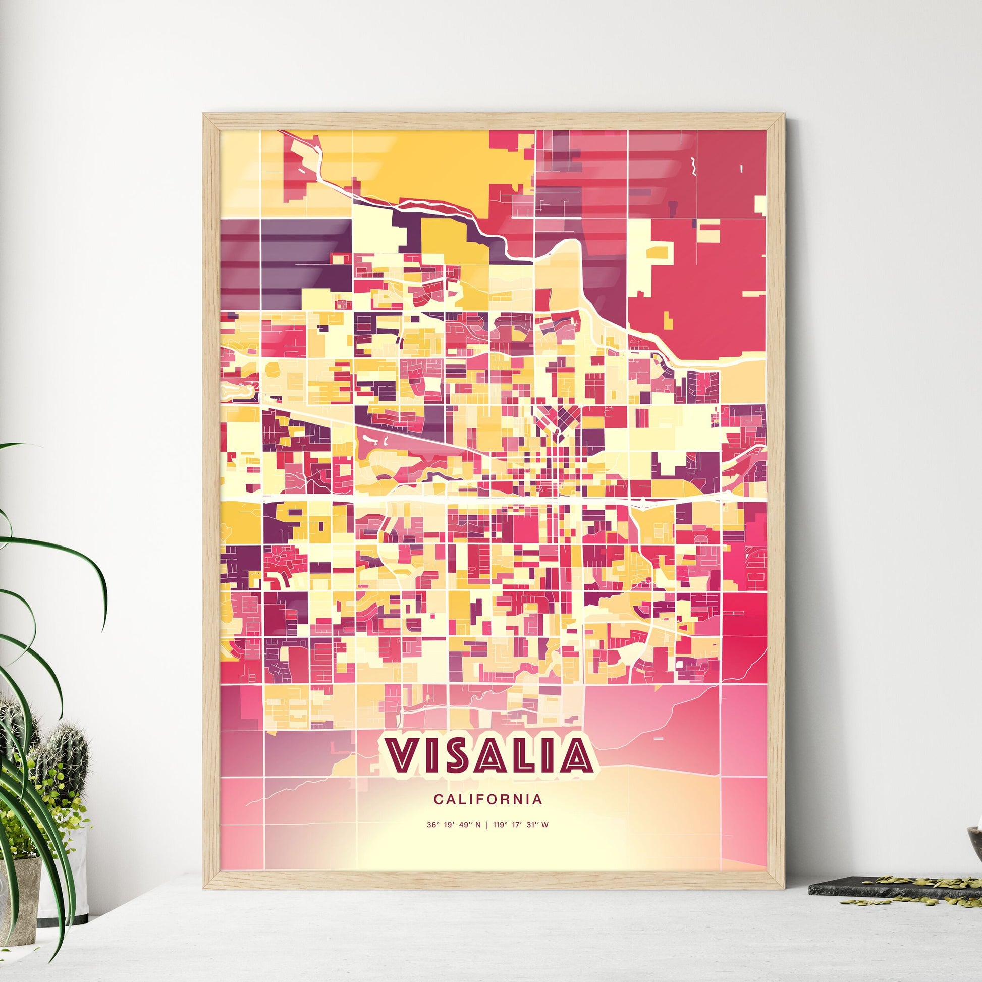 Colorful Visalia California Fine Art Map Hot Red