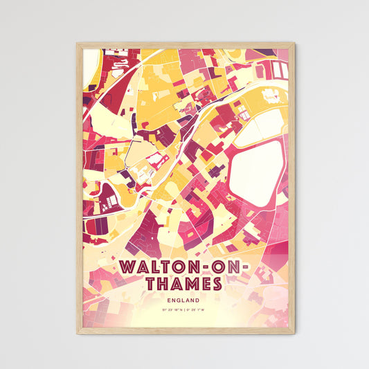 Colorful Walton-On-Thames England Fine Art Map Hot Red