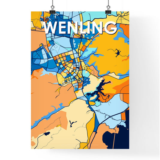 WENLING CHINA Vibrant Colorful Art Map Poster Blue Orange