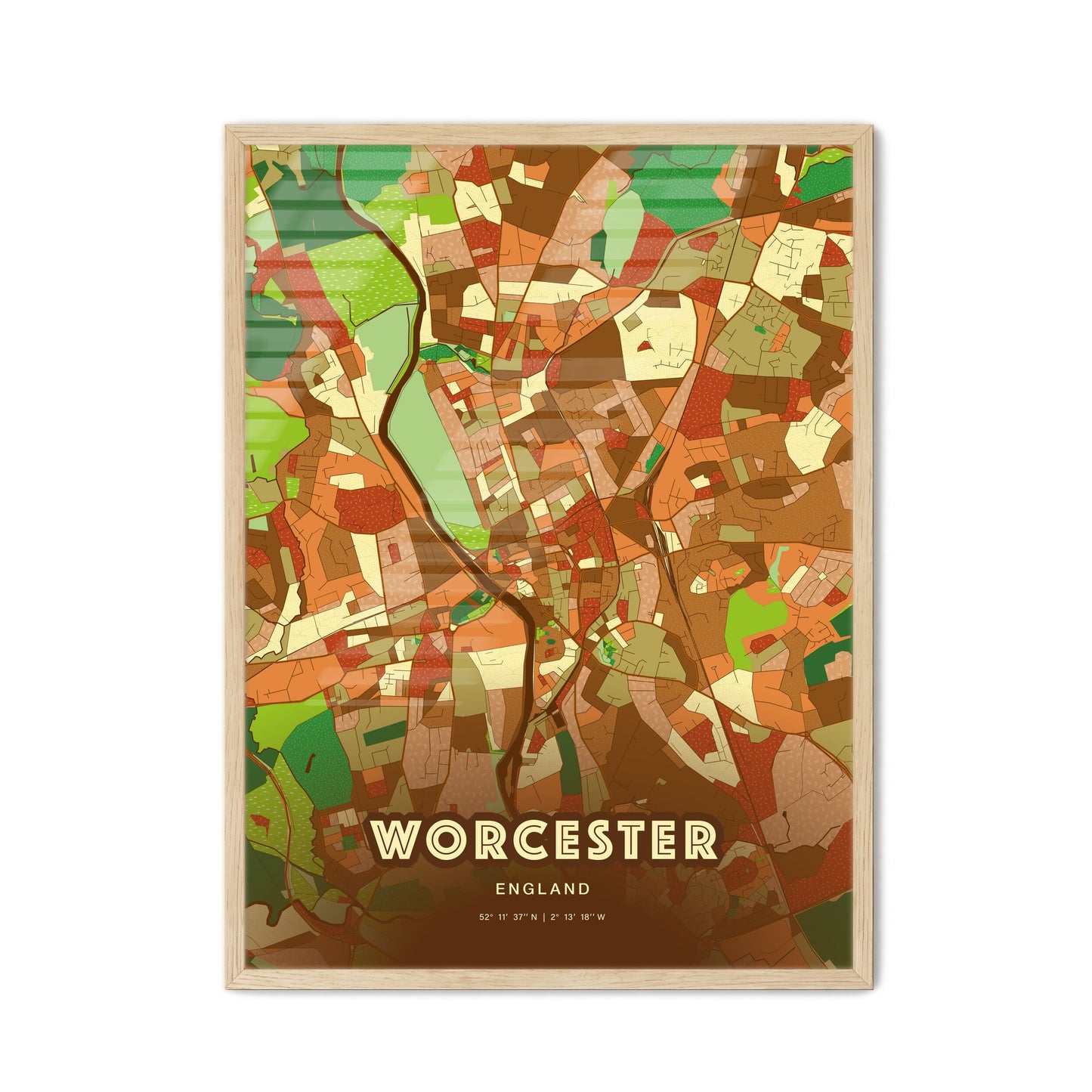 Colorful Worcester England Fine Art Map Farmhouse