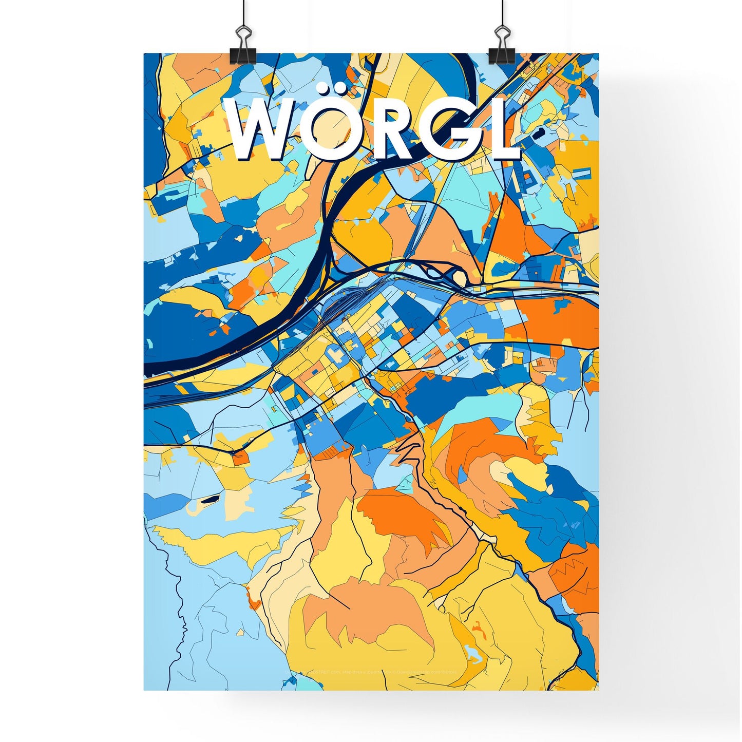 WÖRGL AUSTRIA Vibrant Colorful Art Map Poster Blue Orange