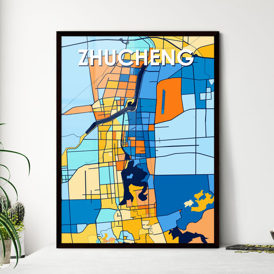 ZHUCHENG CHINA Vibrant Colorful Art Map Poster Blue Orange