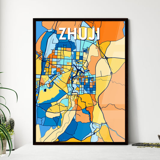 ZHUJI CHINA Vibrant Colorful Art Map Poster Blue Orange