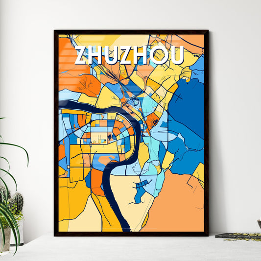 ZHUZHOU CHINA Vibrant Colorful Art Map Poster Blue Orange