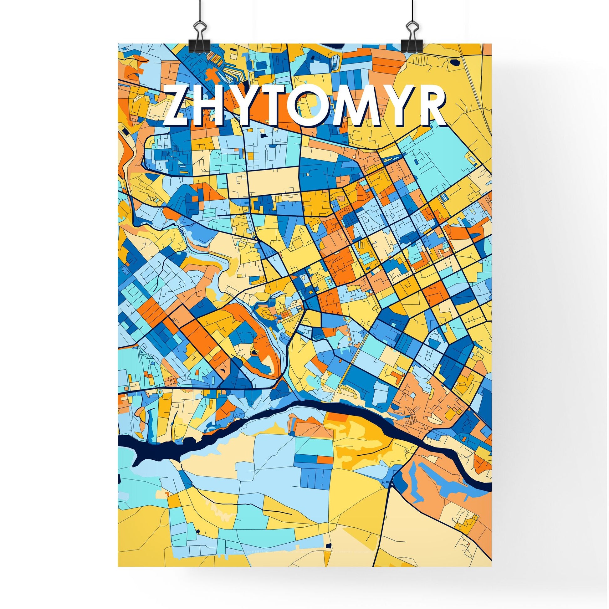 ZHYTOMYR UKRAINE Vibrant Colorful Art Map Poster Blue Orange