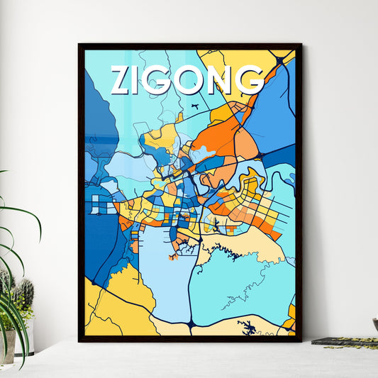 ZIGONG CHINA Vibrant Colorful Art Map Poster Blue Orange