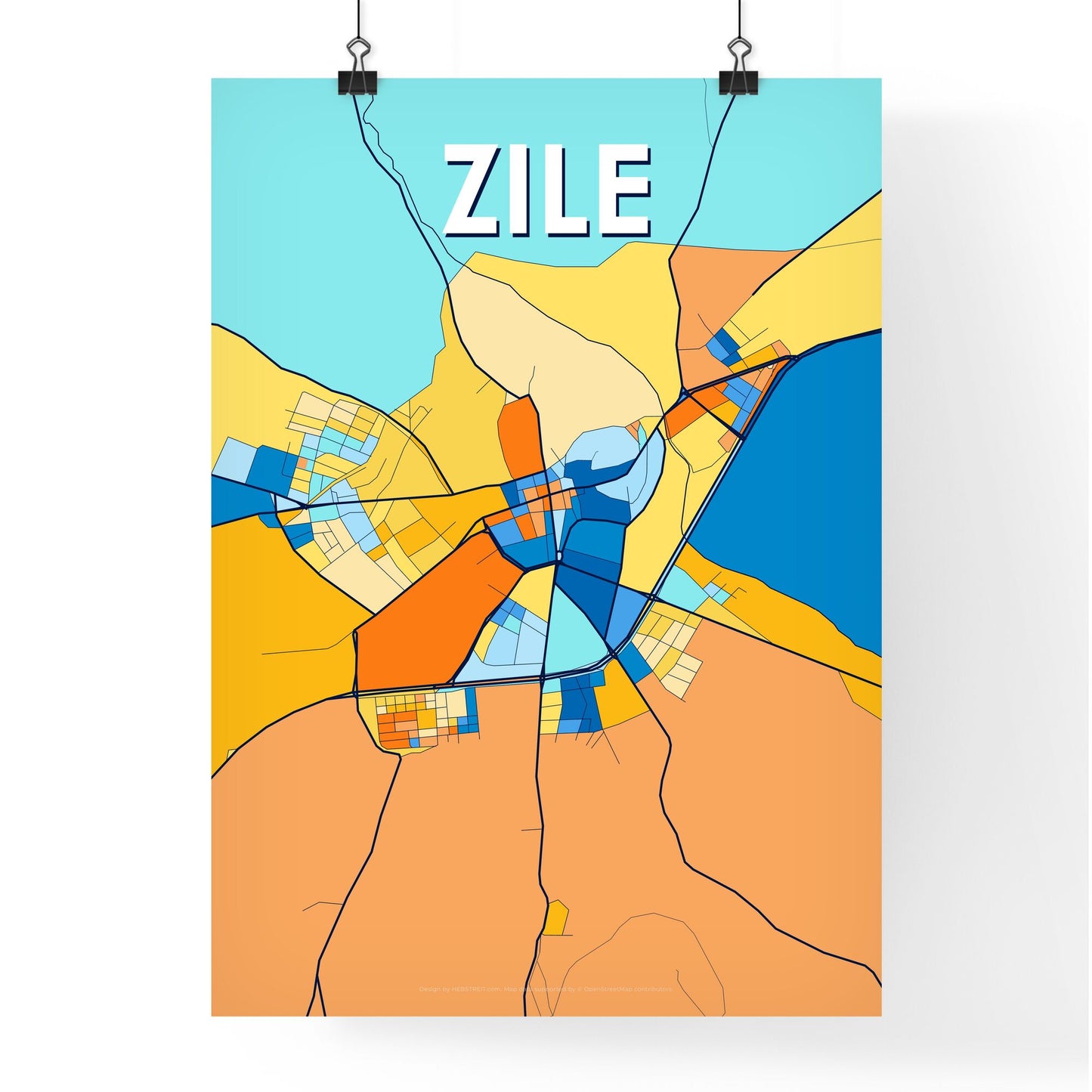 ZILE TURKEY Vibrant Colorful Art Map Poster Blue Orange