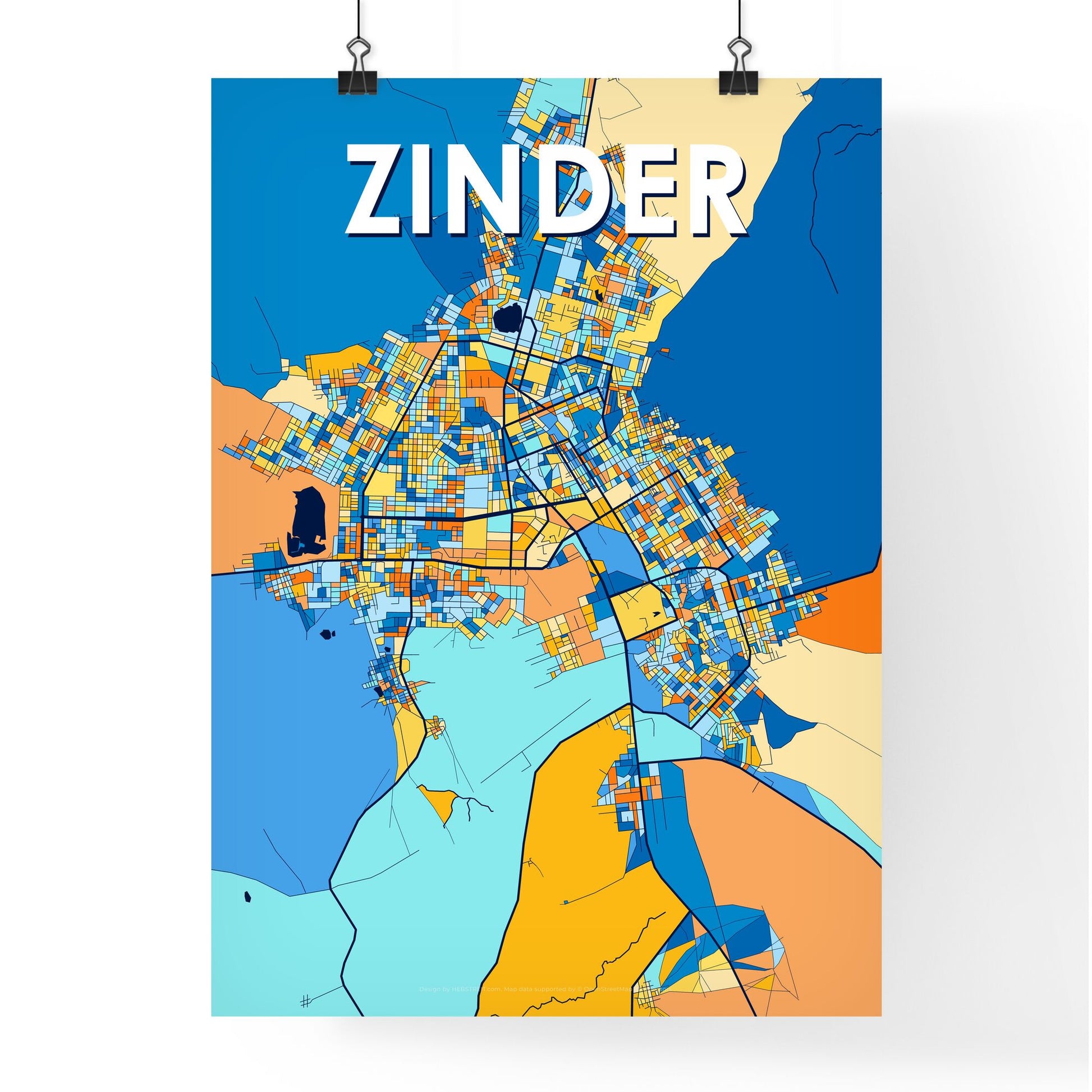 ZINDER NIGER Vibrant Colorful Art Map Poster Blue Orange