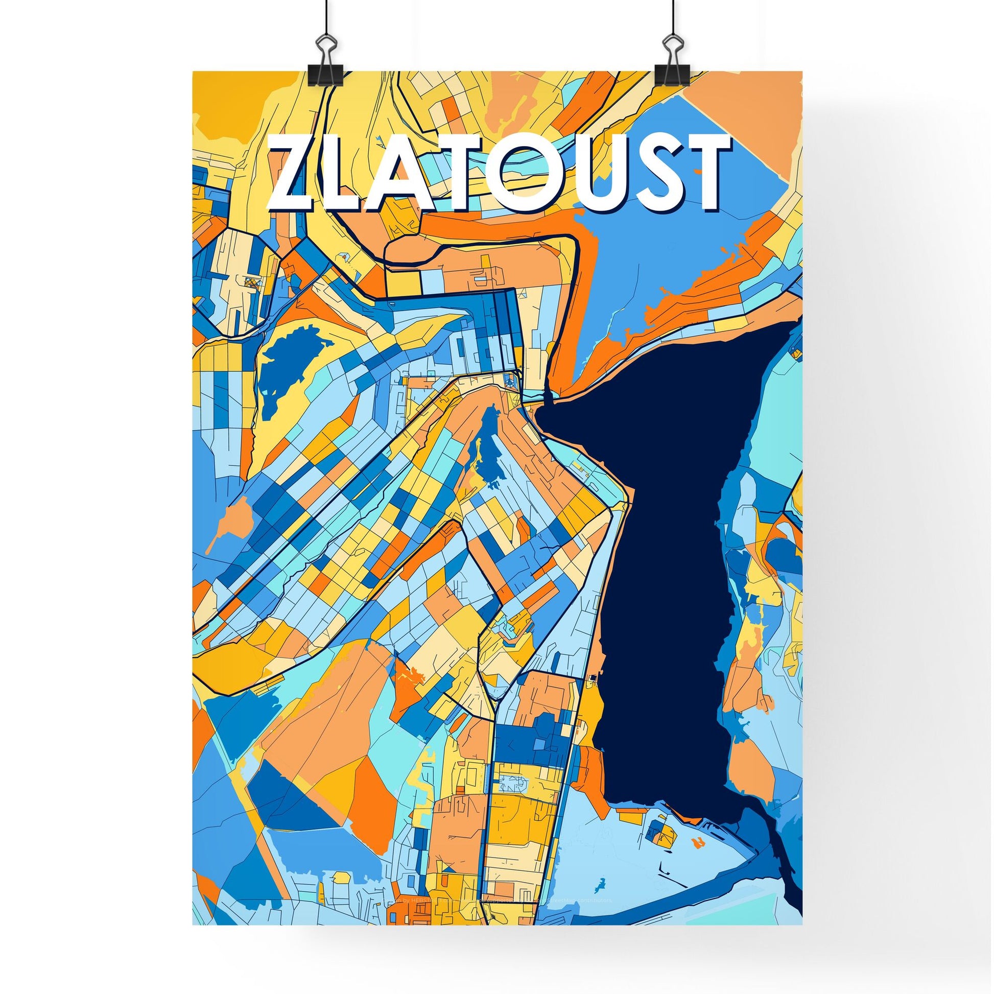 ZLATOUST RUSSIA Vibrant Colorful Art Map Poster Blue Orange