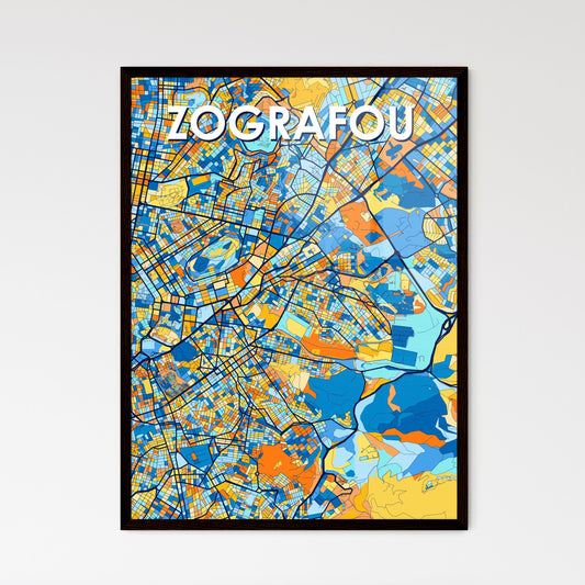 ZOGRAFOU GREECE Vibrant Colorful Art Map Poster Blue Orange
