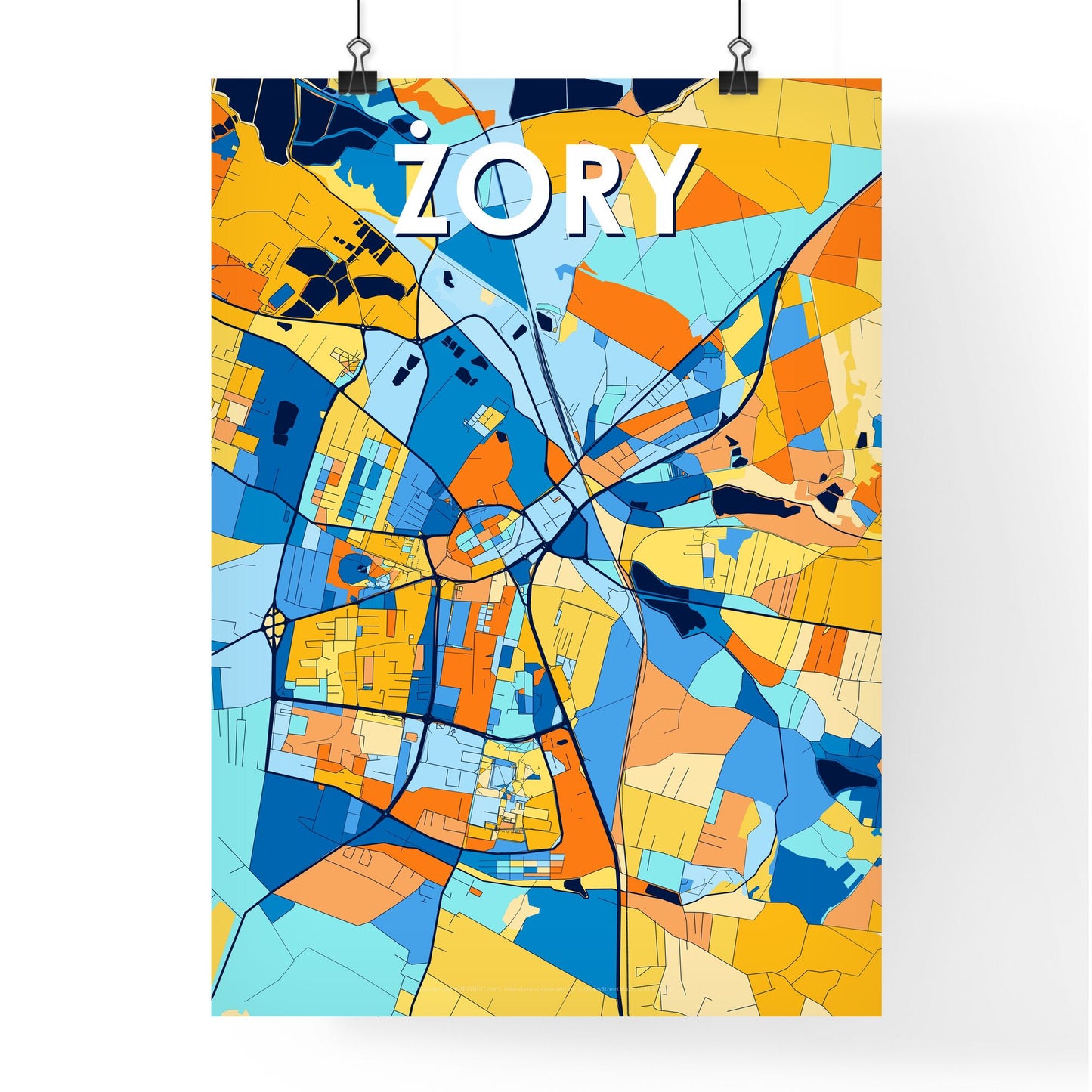 ŻORY POLAND Vibrant Colorful Art Map Poster Blue Orange