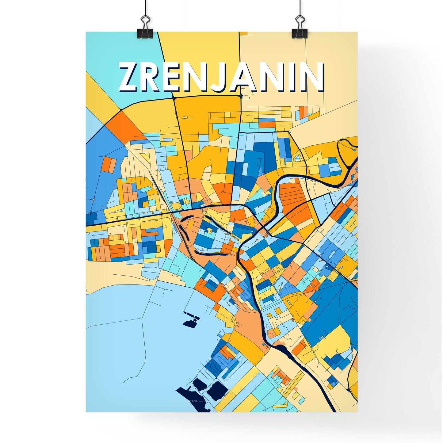 ZRENJANIN SERBIA Vibrant Colorful Art Map Poster Blue Orange