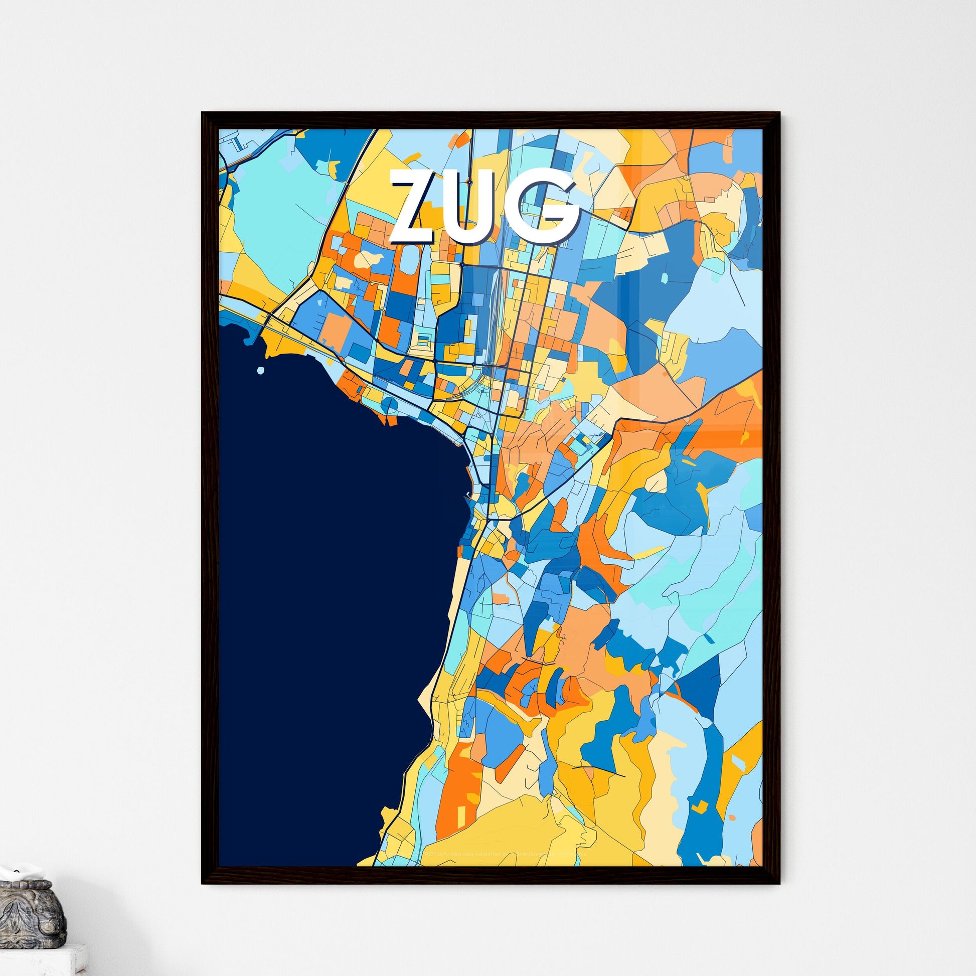 ZUG SWITZERLAND Vibrant Colorful Art Map Poster Blue Orange