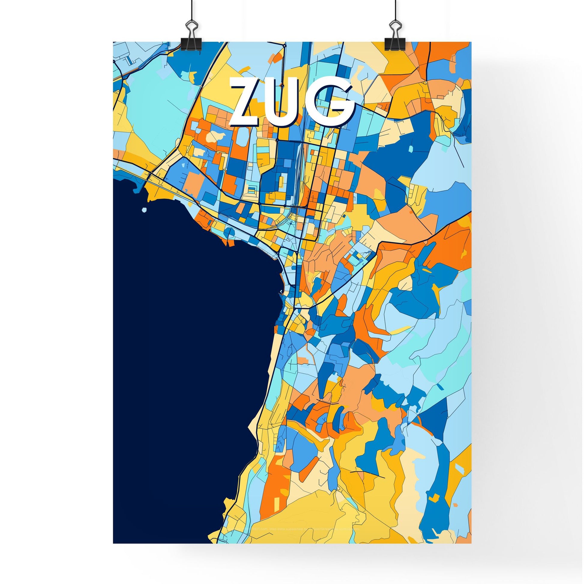 ZUG SWITZERLAND Vibrant Colorful Art Map Poster Blue Orange