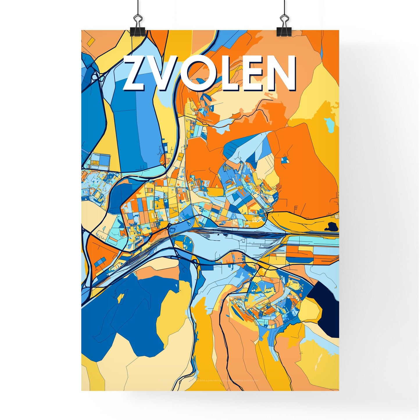 ZVOLEN SLOVAKIA Vibrant Colorful Art Map Poster Blue Orange