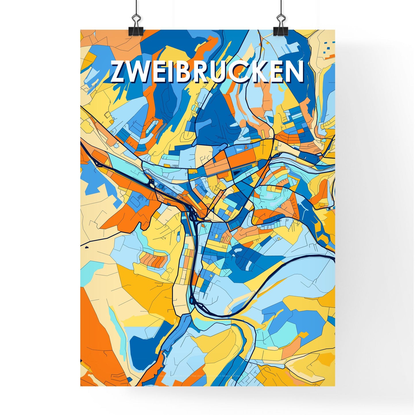 ZWEIBRUCKEN GERMANY Vibrant Colorful Art Map Poster Blue Orange