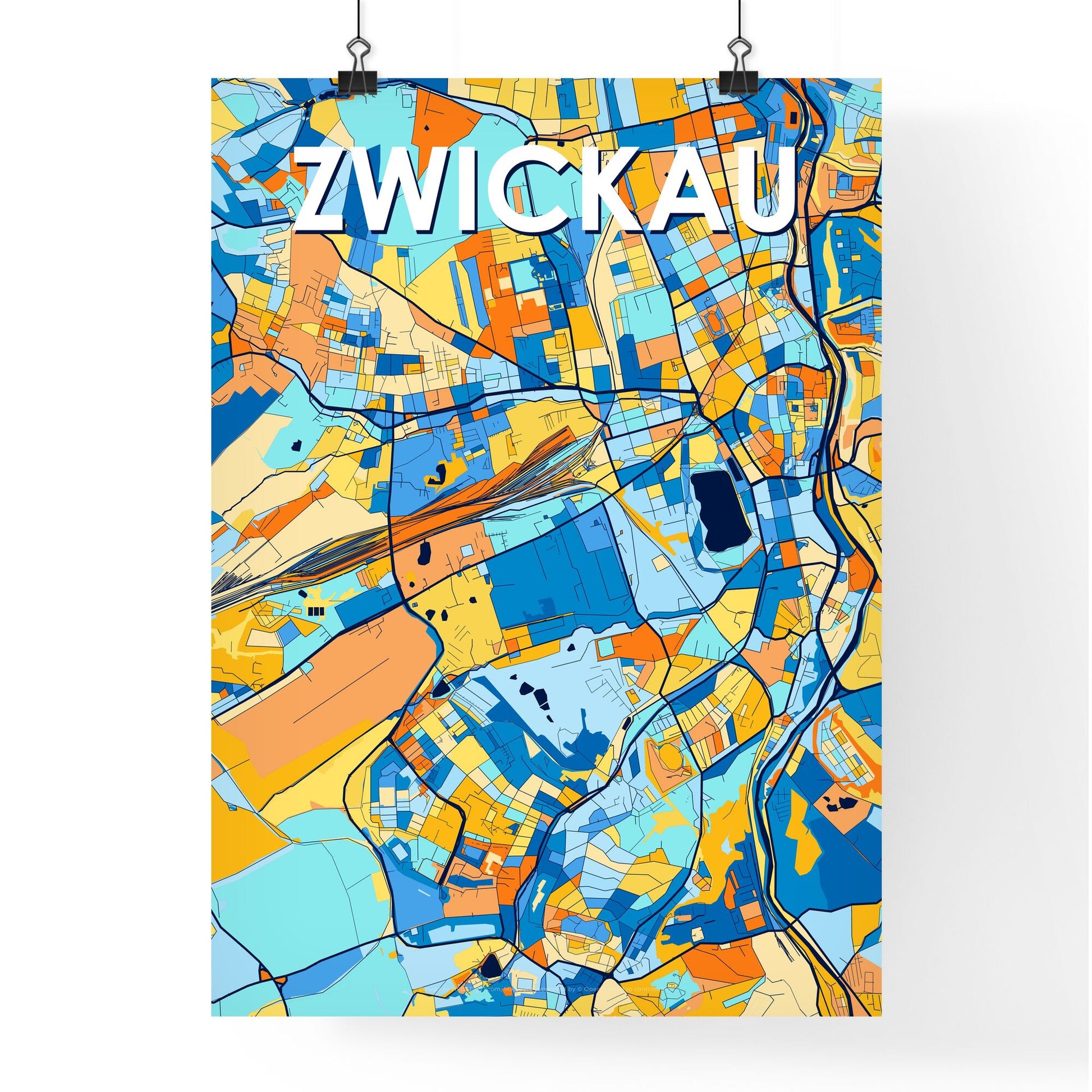 ZWICKAU GERMANY Vibrant Colorful Art Map Poster Blue Orange