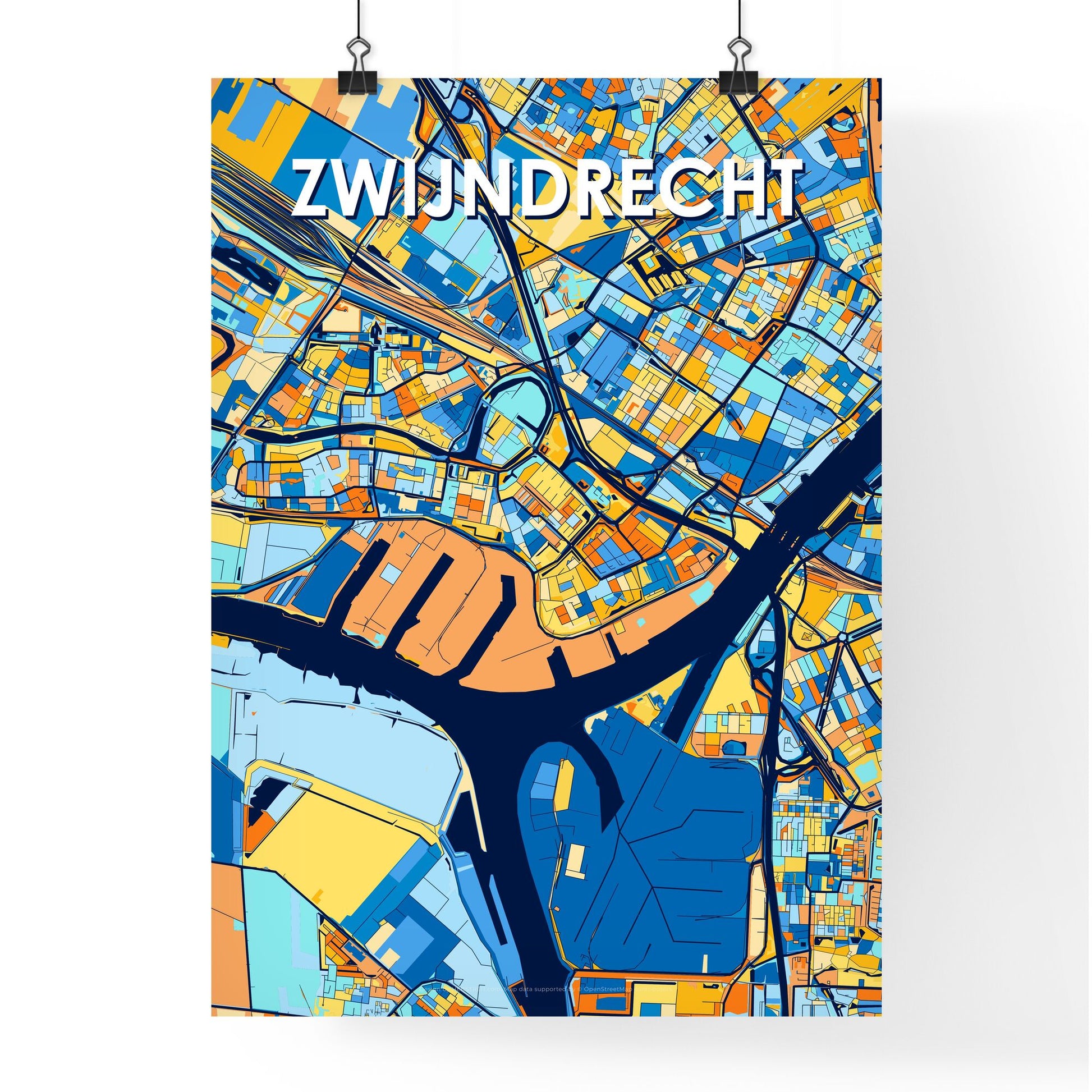 ZWIJNDRECHT NETHERLANDS Vibrant Colorful Art Map Poster Blue Orange